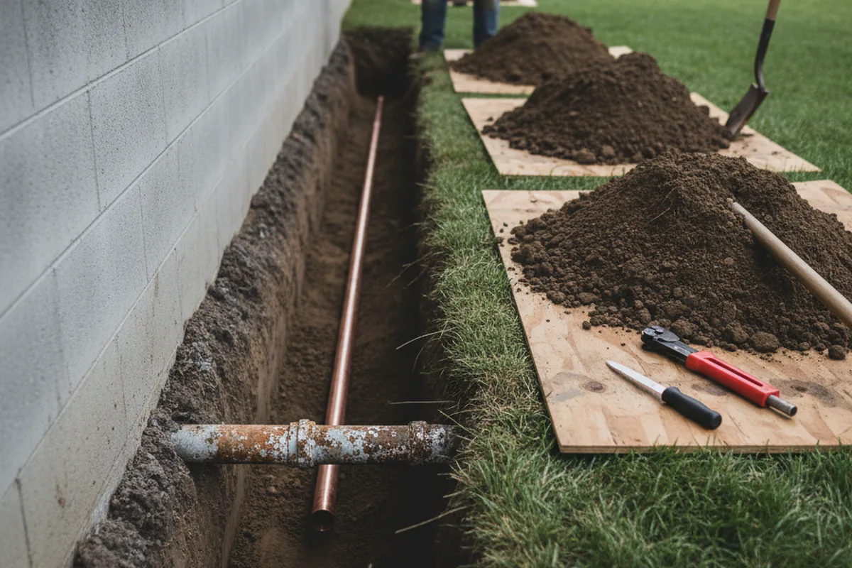 Excavated water line trench during Water Softener Installation in Sparrows Point